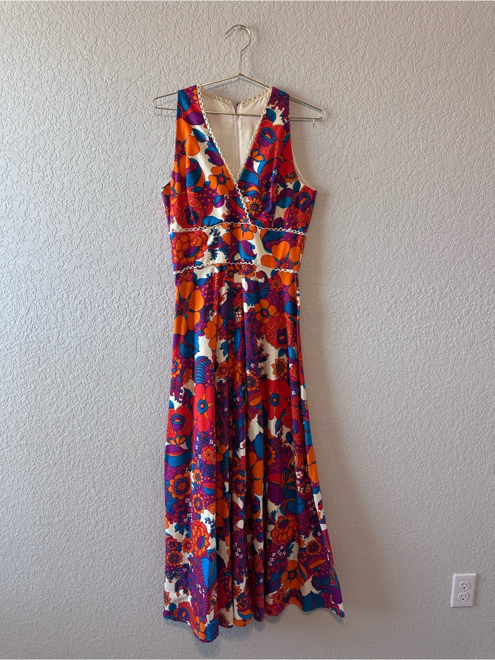 Vintage and Vibrant Coco California Floral Maxi Dress in Red, Orange & Blue